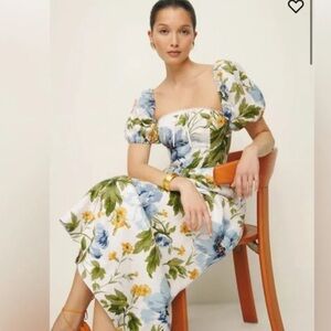 Reformation Marbella Floral Midi Linen A-Line Dress Botanist Puff Sleeve Size 8
